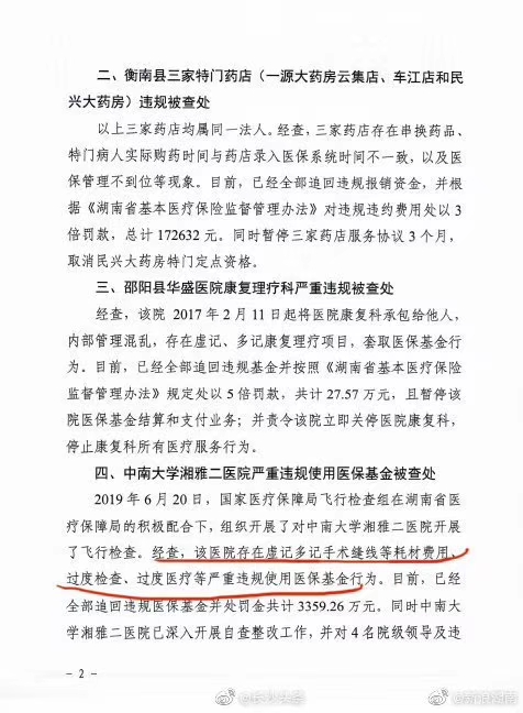 湘雅二醫院騙保被通報 回應：對政策理解不透 4領導受處