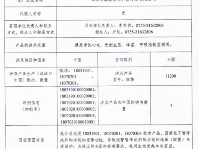 深圳市瑞康宏業科技開發有限公司對多參數監護儀主動召回