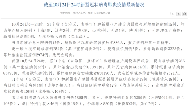 國(guó)家衛(wèi)健委：10月24日新增確診病例15例均為境外輸入病例