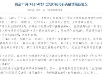 國家衛健委：11月26日新增確診病例5例均為海外鍵入病例