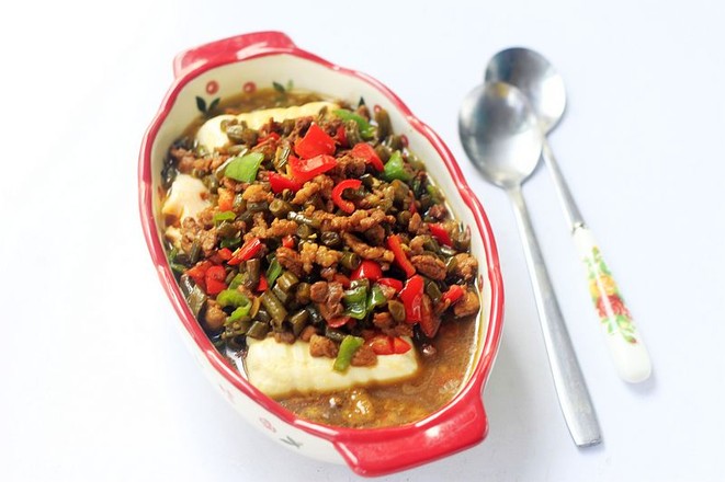 酸豆角肉丁蒸豆腐的做法-酸辣味蒸菜譜