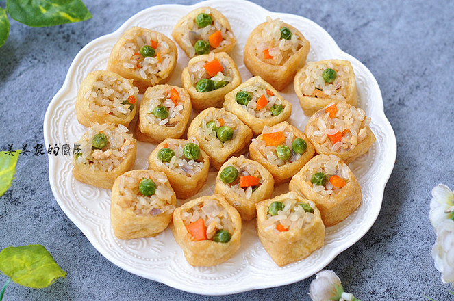 七彩糯米飯蒸塞油豆腐的做法-家常味蒸菜譜