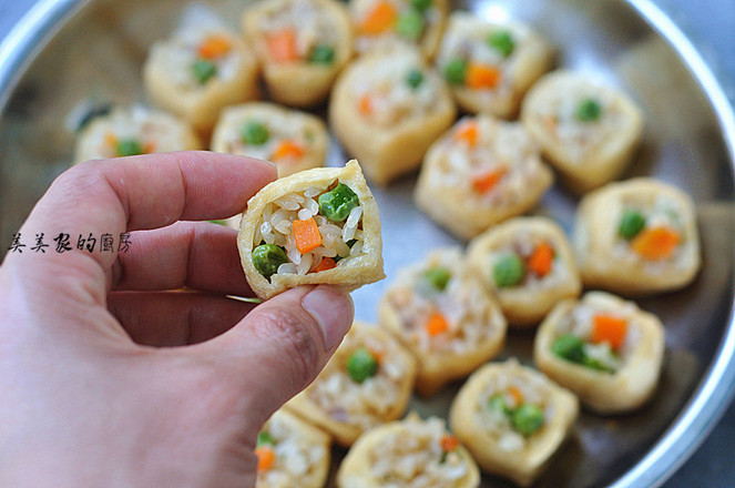 七彩糯米飯蒸塞油豆腐的做法-家常味蒸菜譜